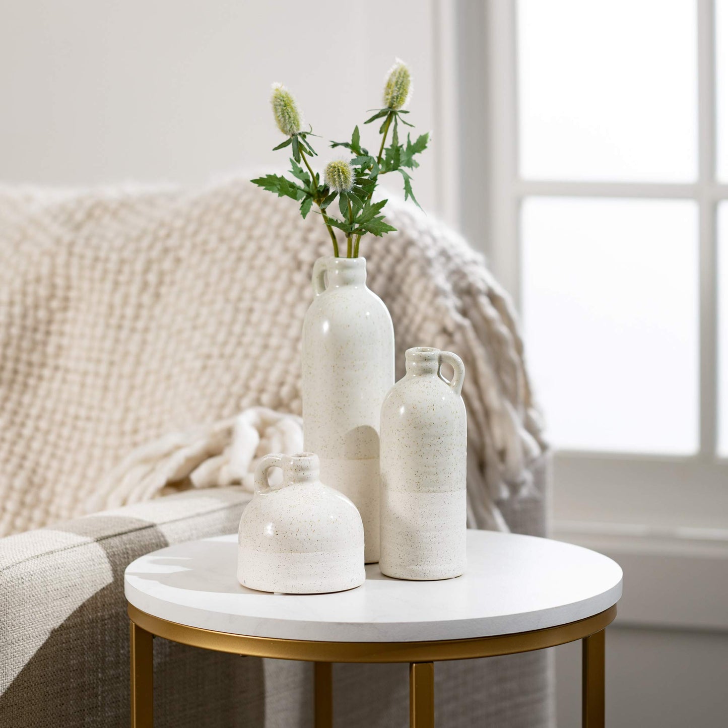 White Two-Toned Ceramic Jug, Vase Set