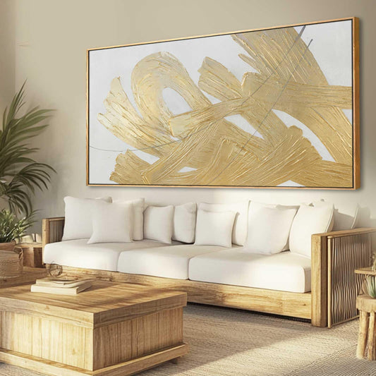 White and Gold Wall Painting, Modern 29"x58" Abstract Art