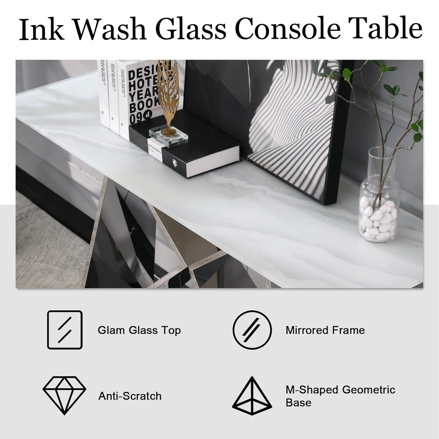Silver Console Table, White Tempered Glass with Mirrored M-Shaped Base