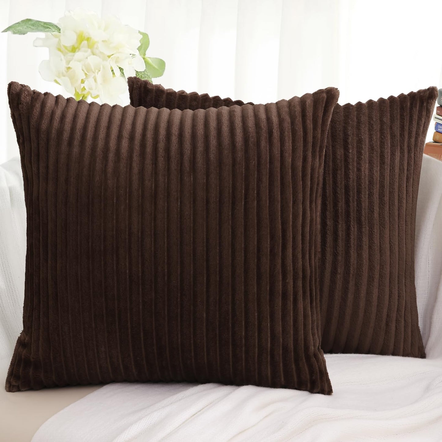 Brown Throw Pillow Covers 18x18 Set of 2, Soft Plush Flannel