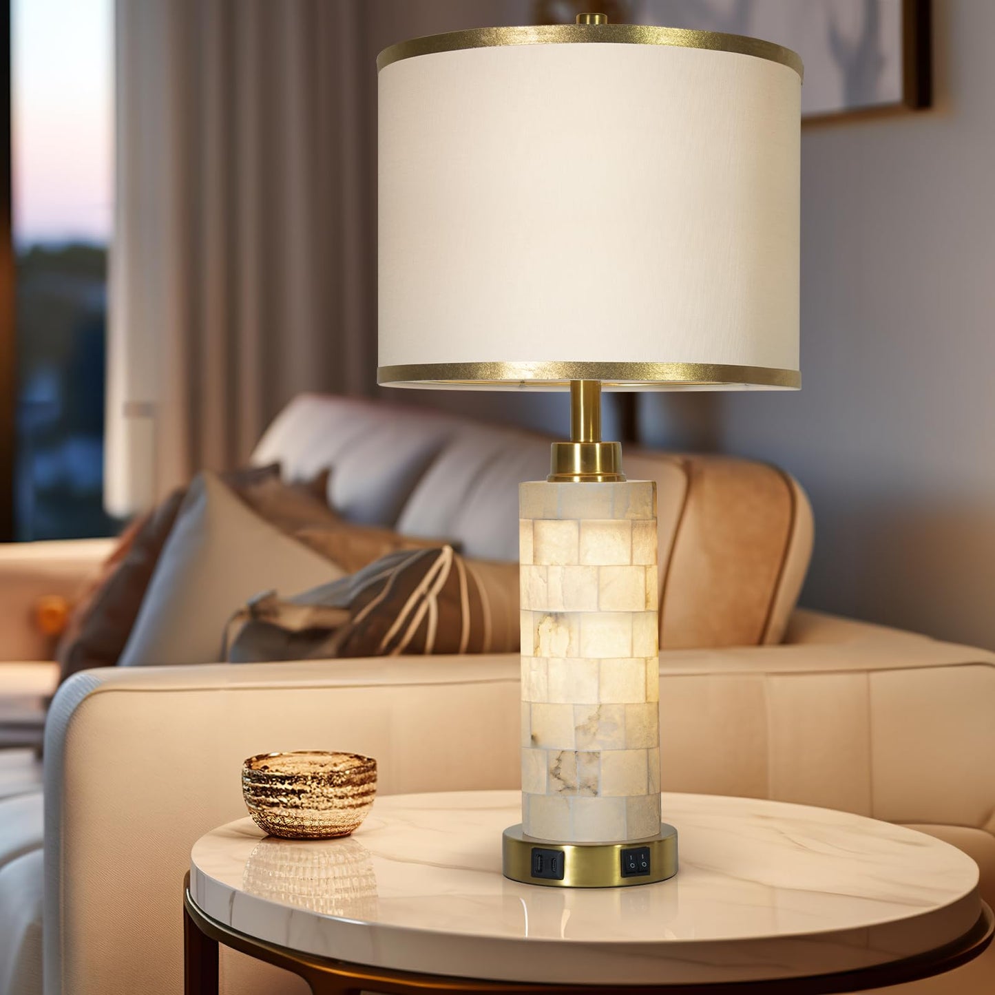 Golden Natural Alabaster Lamp Set of 2 with USB Ports