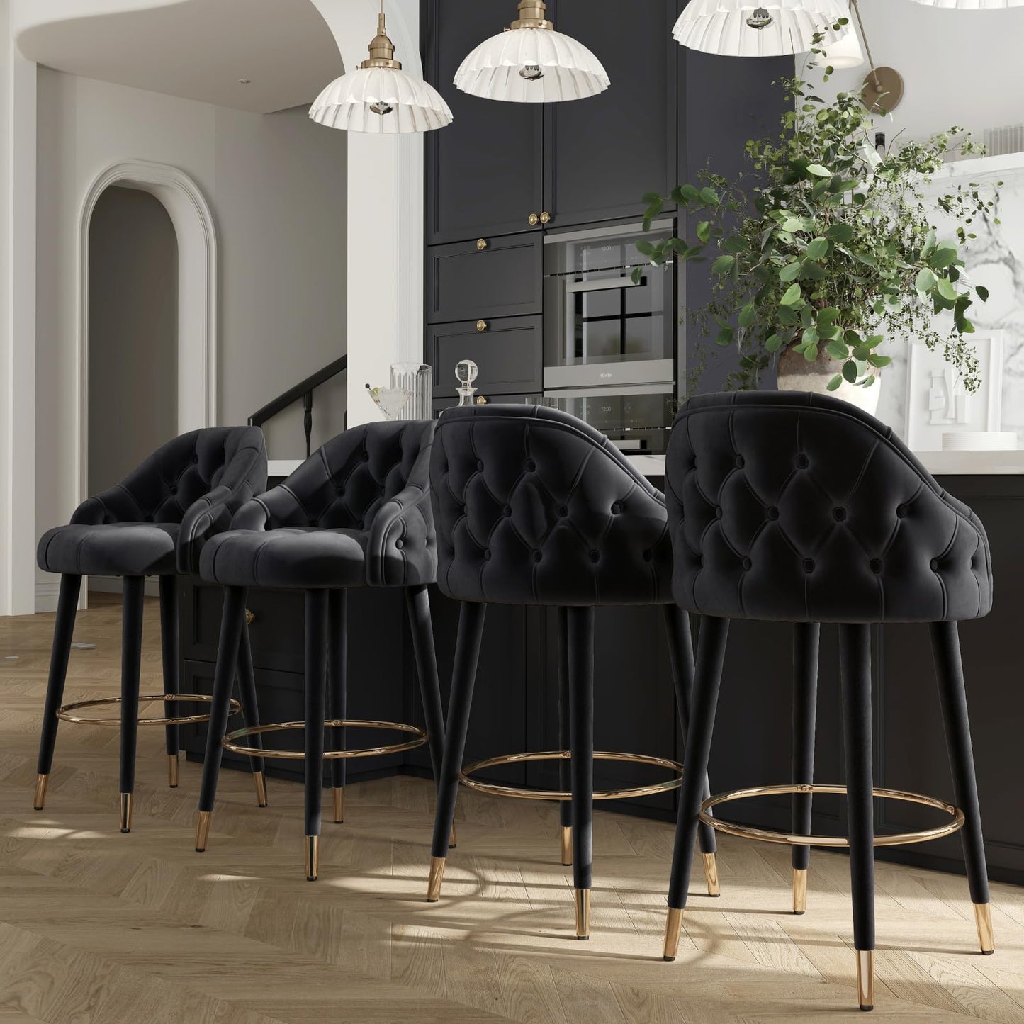 Black Velvet 26" Counter Height Tufted Bar Stools with Wood Legs, Set of 2
