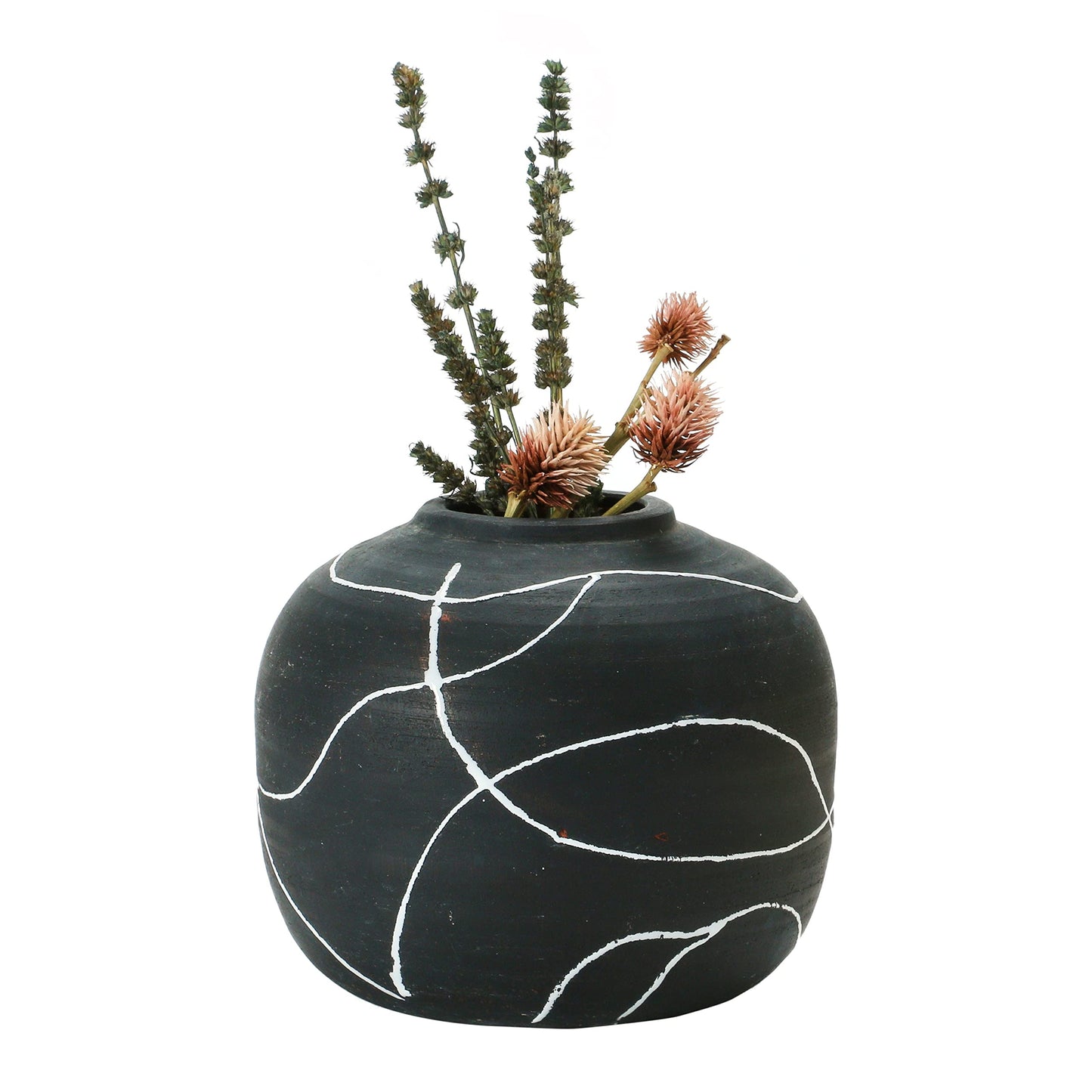 Black and White Round Vase Decor, Terra-Cotta with Hand-Painted Design