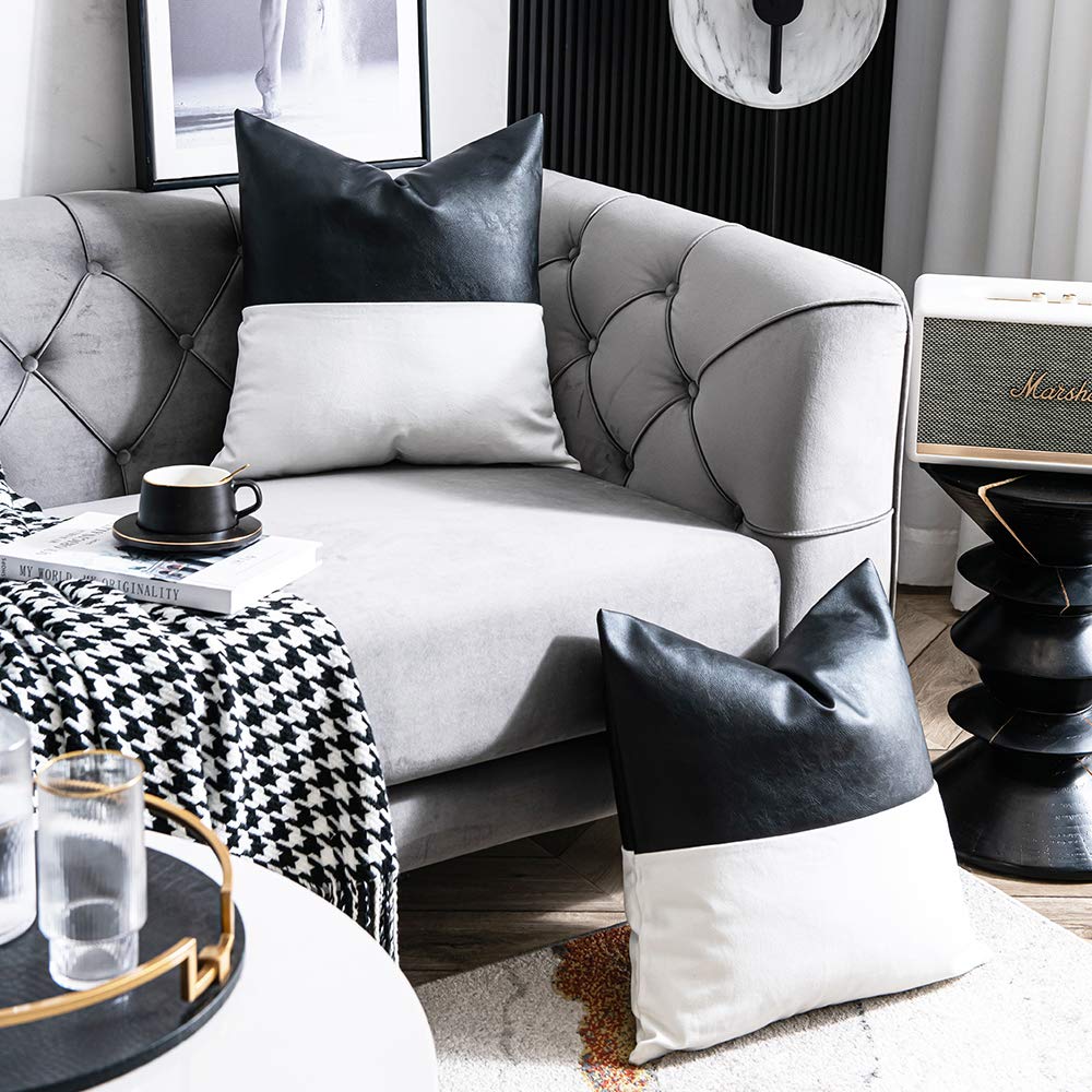 Black and White Faux Leather Throw Pillow Covers, Set of 2
