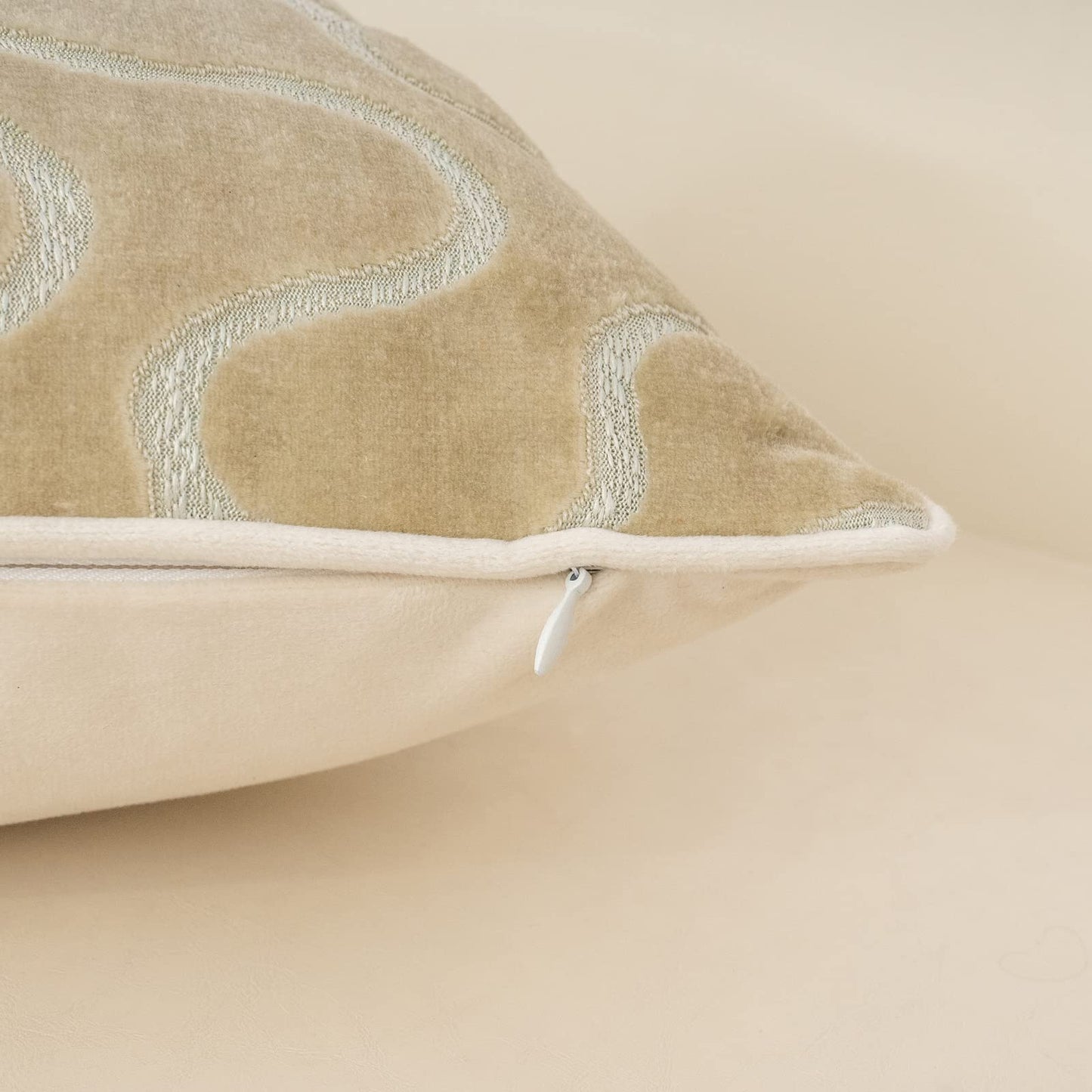 Beige Square Throw Pillow Cover, Velvet Wavy Accent