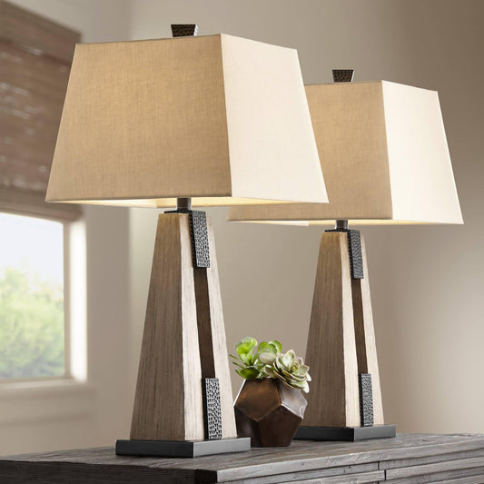 Brown - Oatmeal Wood, Tapered Table Lamps 27" Tall Set of 2 with USB Port