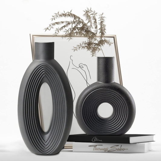 Black Round Ceramic Vase Set for Home Decor