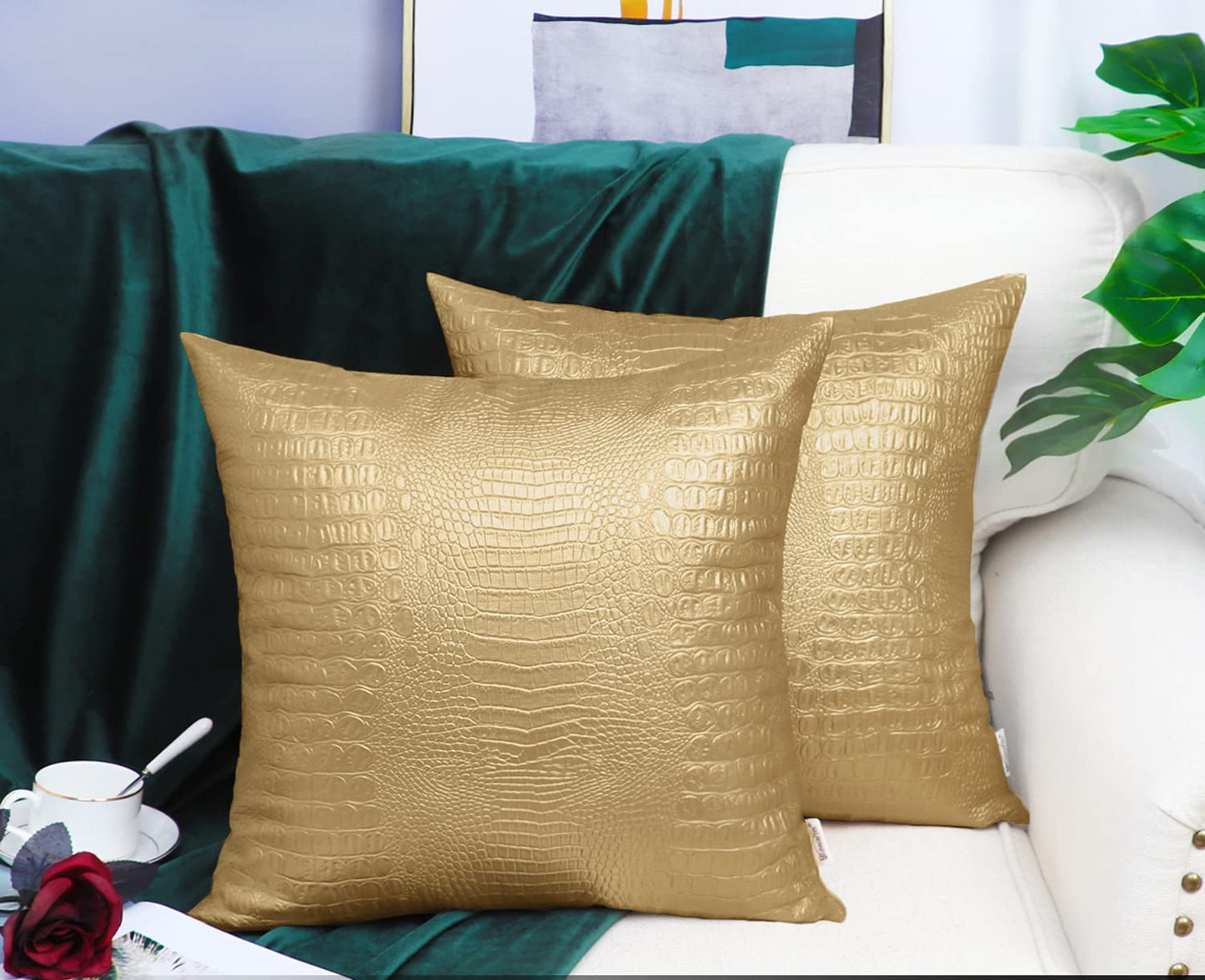 Gold Throw Pillow Covers Set, Faux Leather