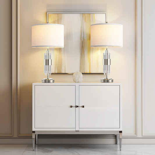 Silver Table Lamp Set of 2 with USB Ports, 3-Way Dim Touch Control