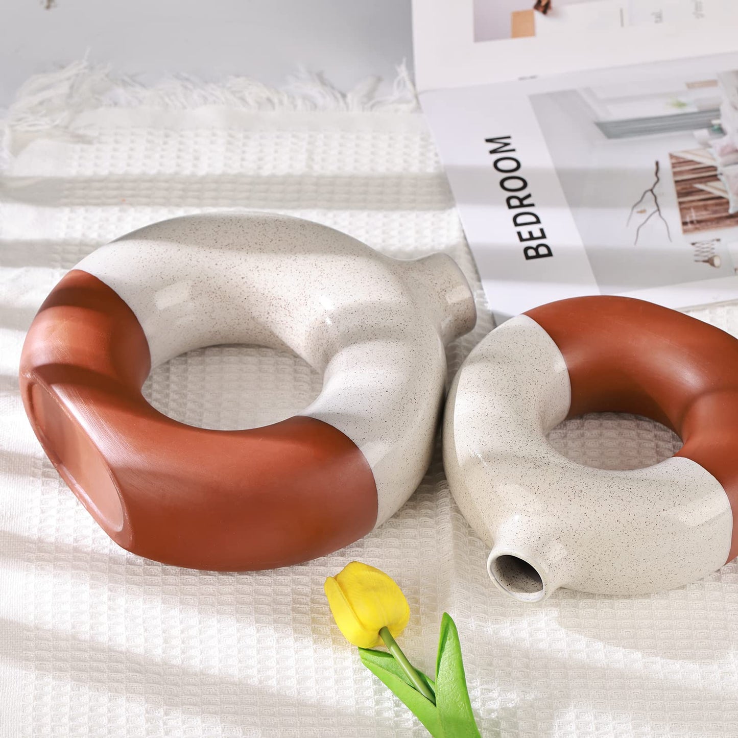 Cream Donut Vase, Clay-Brown Two-tone Modern Matte Ceramic