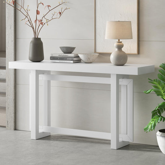 White Contemporary Console Table with Industrial-Inspired Wood Top