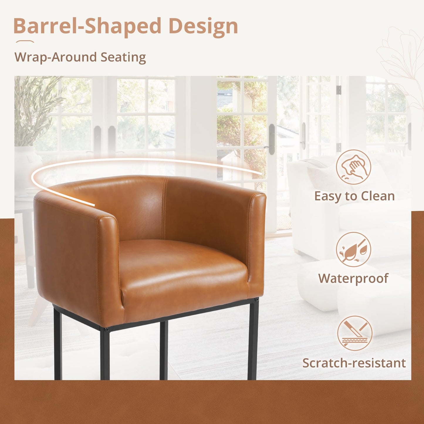 Brown Bar Stools Set of 3, Faux Leather, Barrel 27" Counter Height