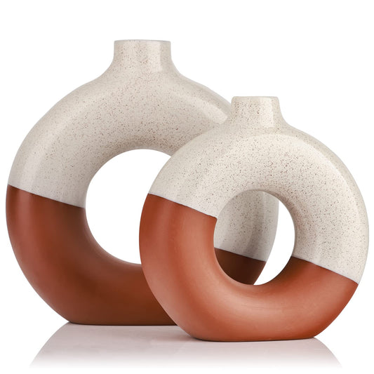 Cream Donut Vase, Clay-Brown Two-tone Modern Matte Ceramic