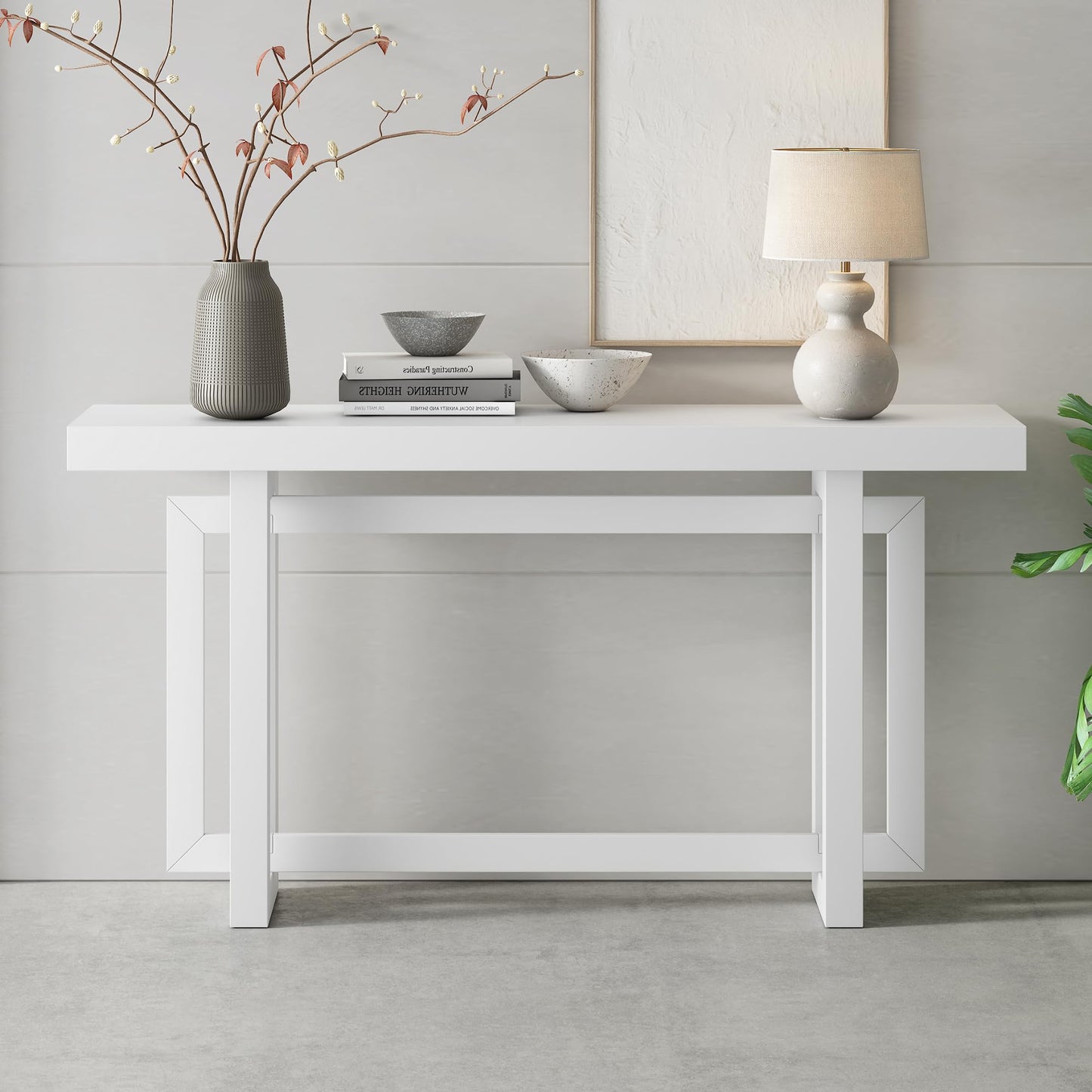 White Contemporary Console Table with Industrial-Inspired Wood Top