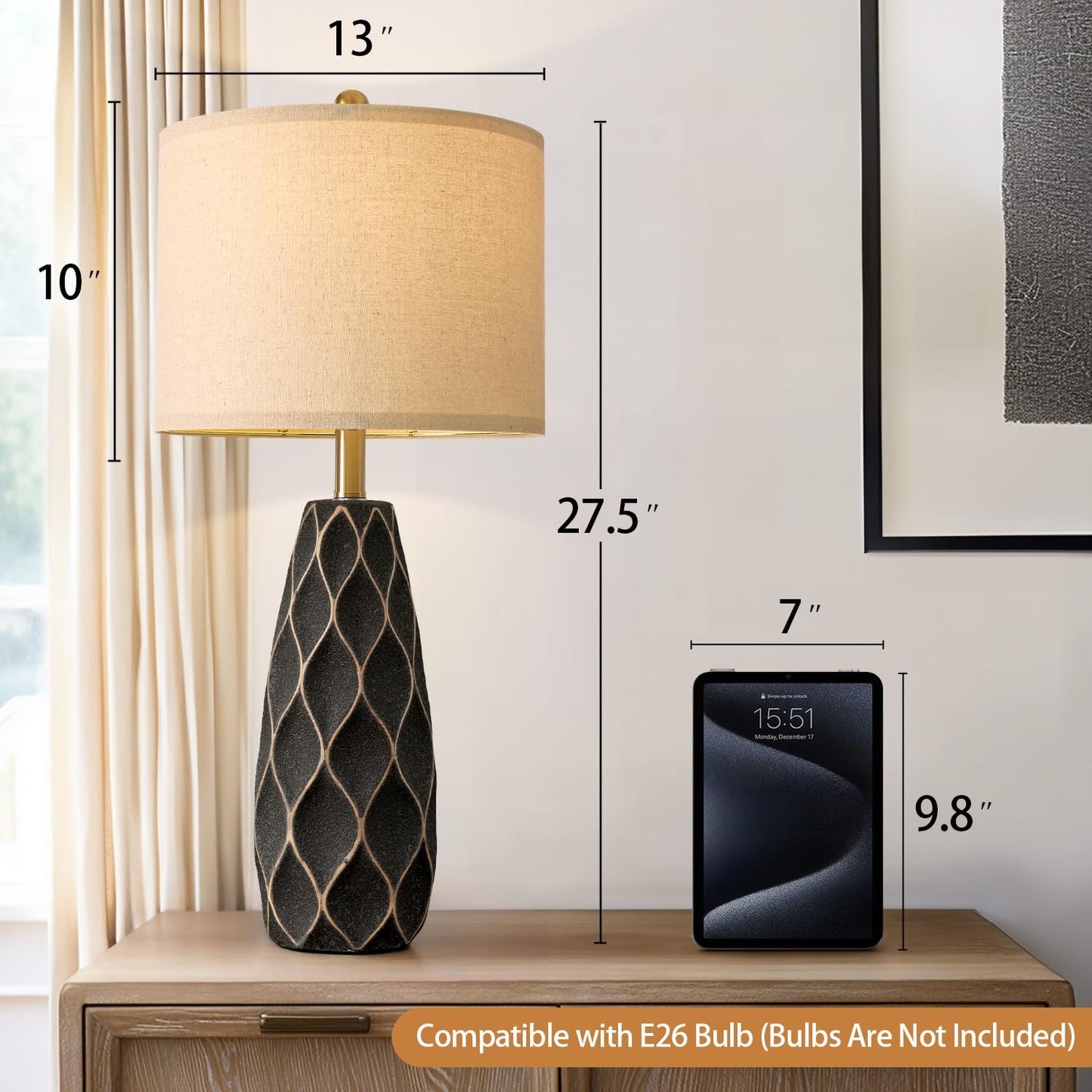 Black Ceramic Rustic Diamond Designed, Lamp Set of 2