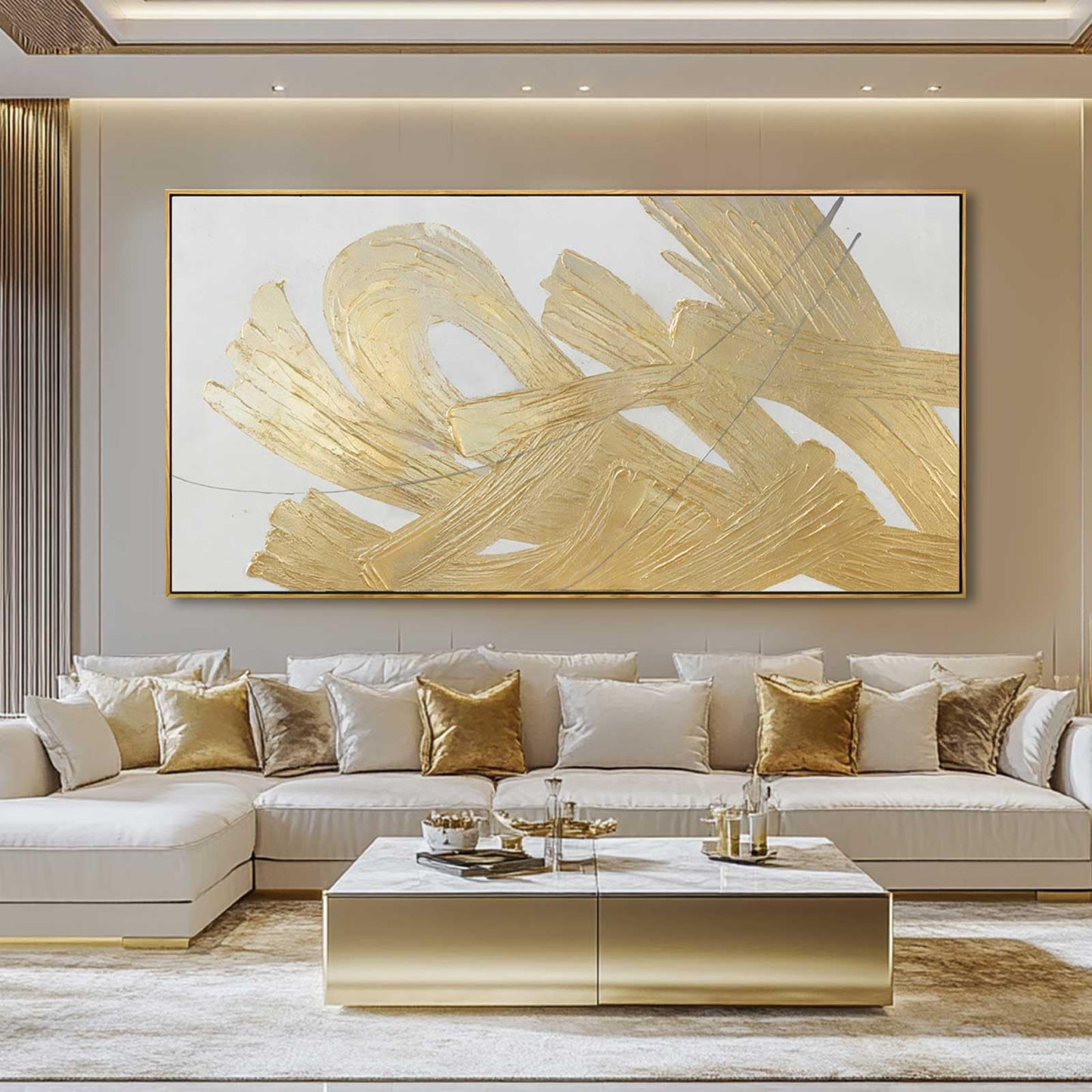 White and Gold Wall Painting, Modern 29"x58" Abstract Art