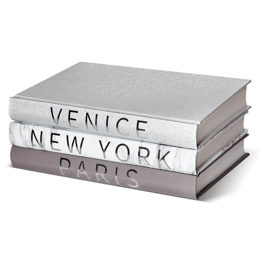 Silver Set of 3 Decorative Books for Home Decor, Fashion Themed