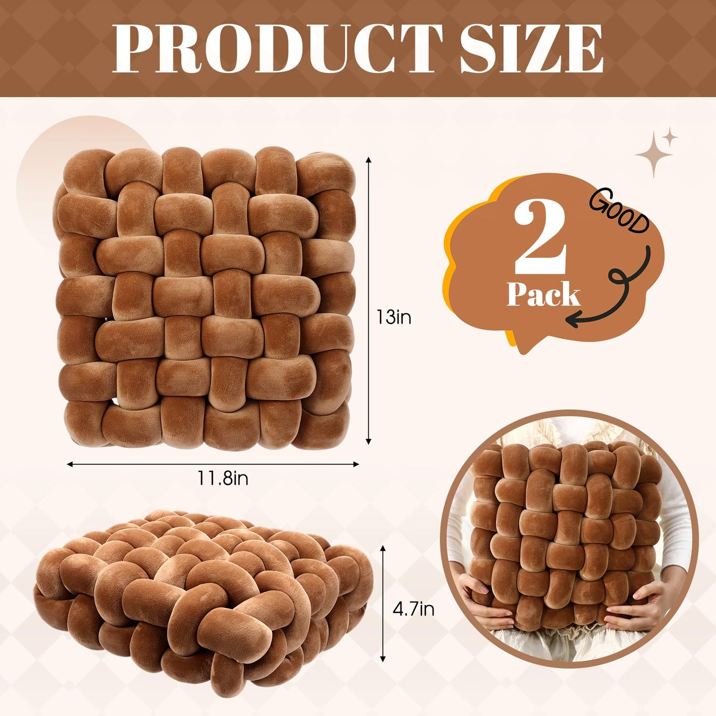 Brown Throw Pillow 2 Pcs Set, Soft Knot Design