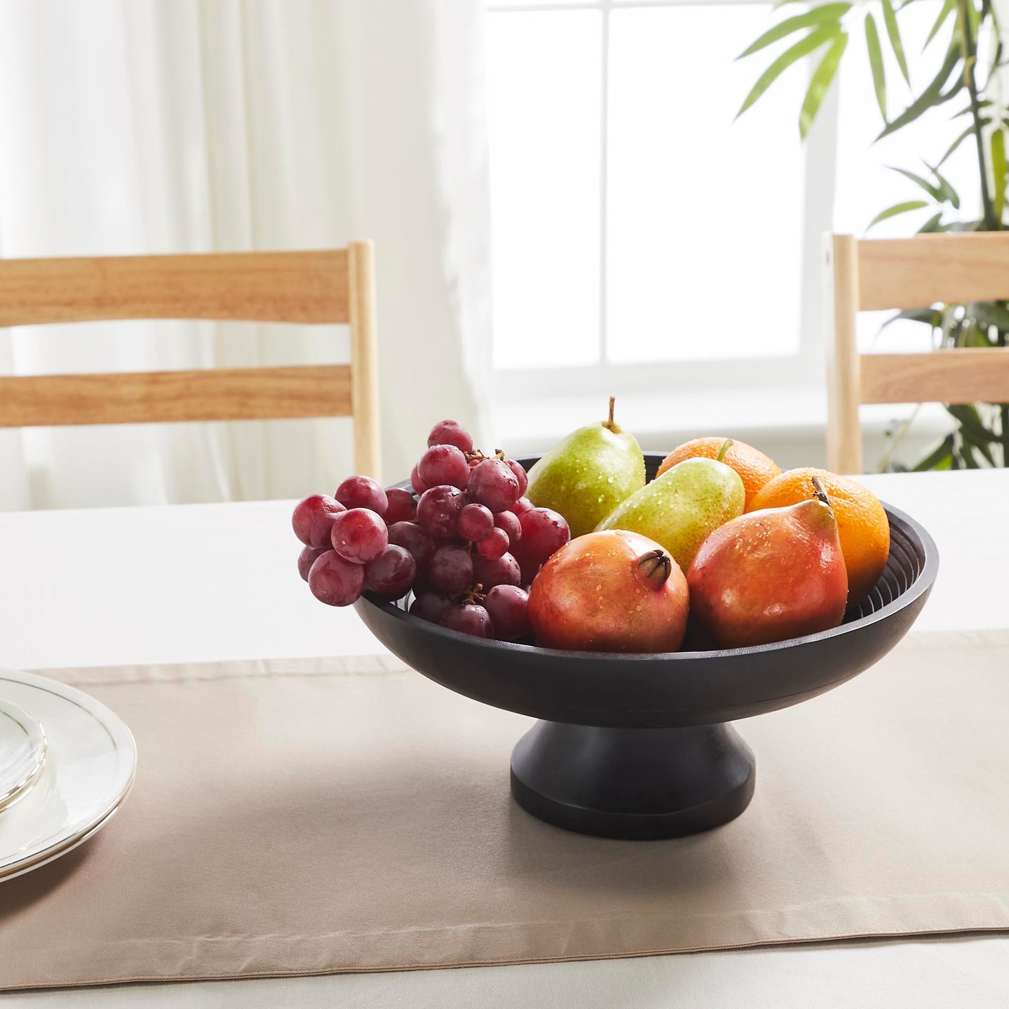 Black Pedestal Fruit Bowl, Ribbed Wooden