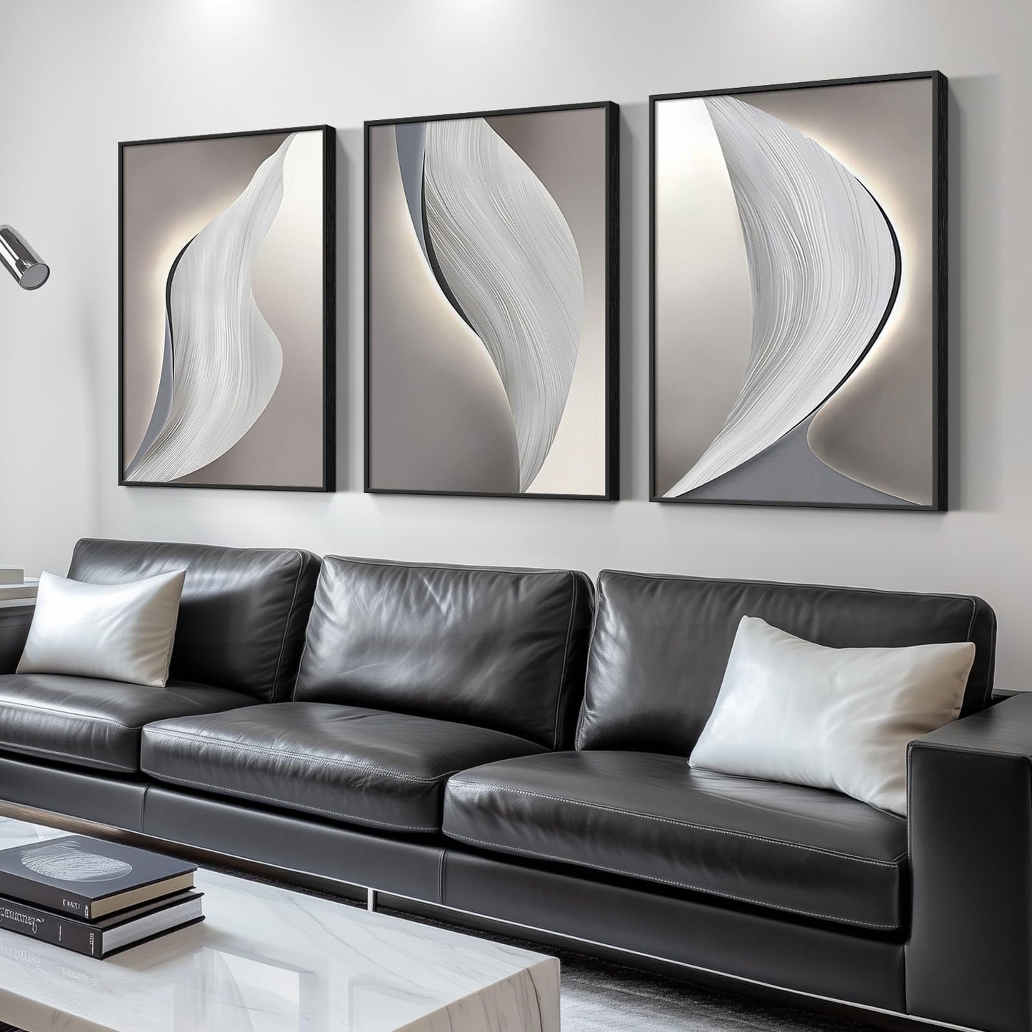 Modern Gray, Black and White Abstract, Framed Canvas Wall Art, Large 3 Piece,  24x36 Inch