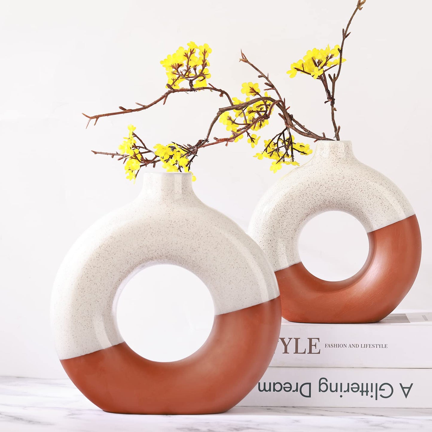 Cream Donut Vase, Clay-Brown Two-tone Modern Matte Ceramic