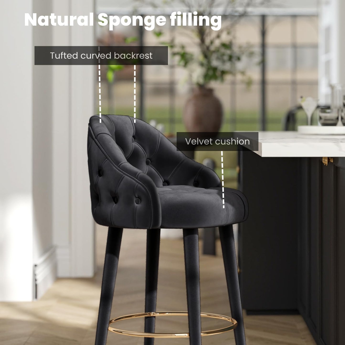 Black Velvet 26" Counter Height Tufted Bar Stools with Wood Legs, Set of 2