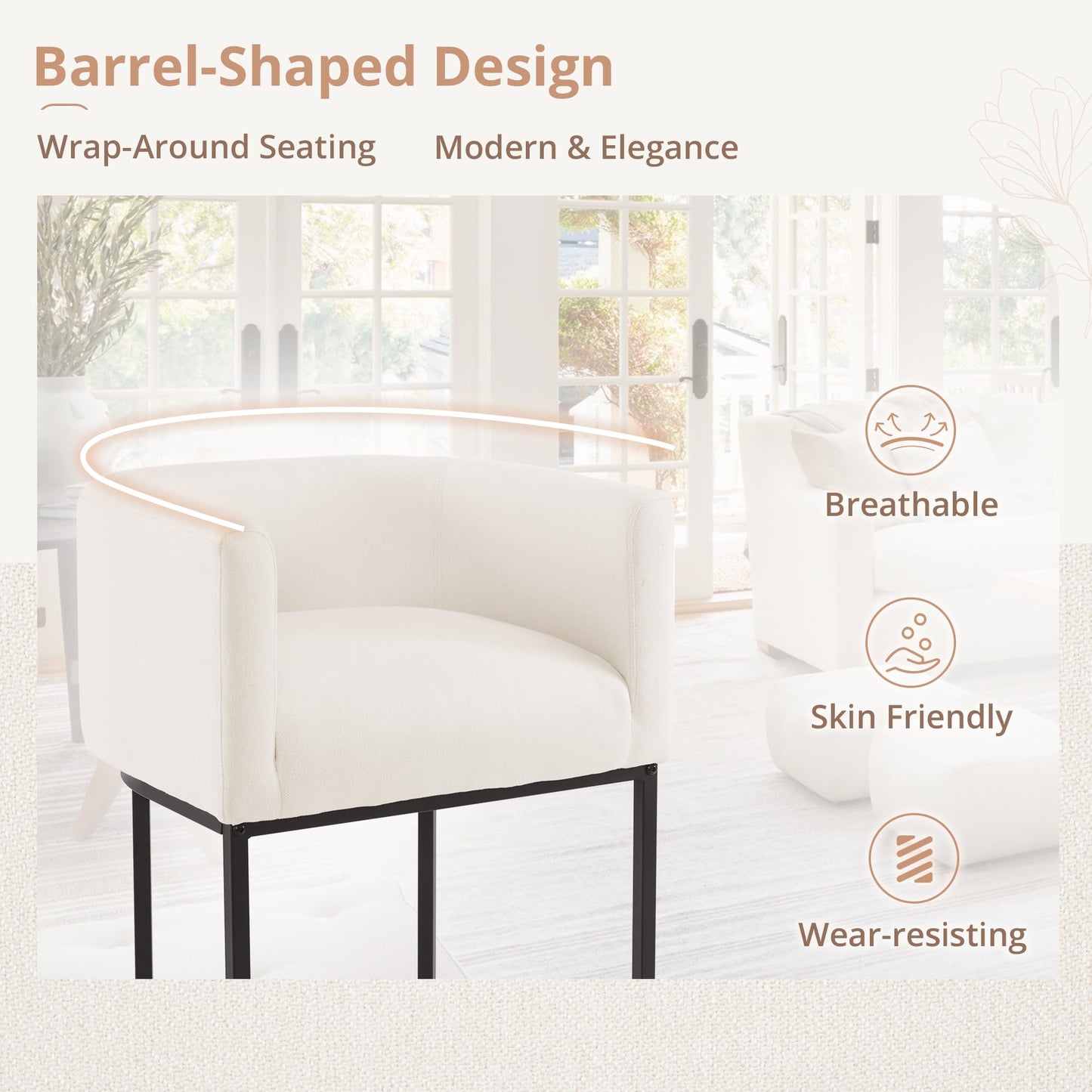 Beige Bar Stools Set of 2, 27" Counter Height, Black Metal Frames