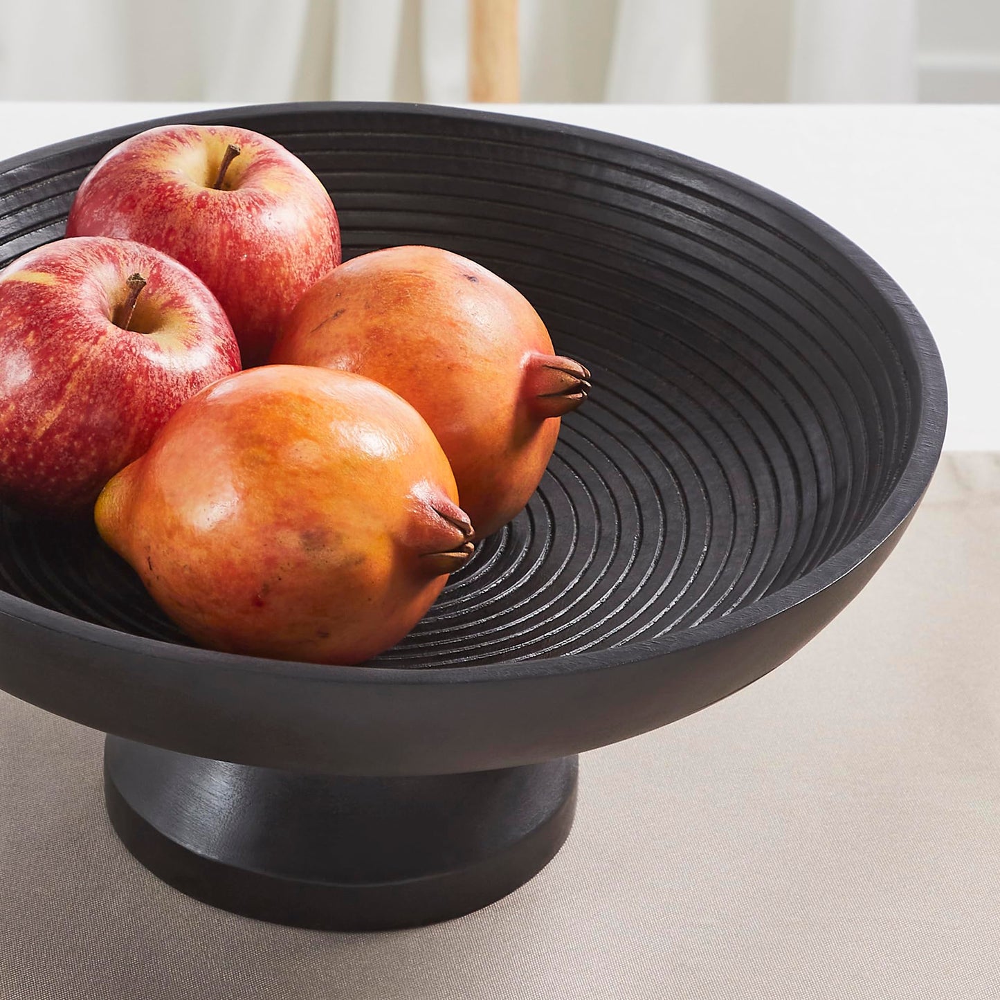 Black Pedestal Fruit Bowl, Ribbed Wooden