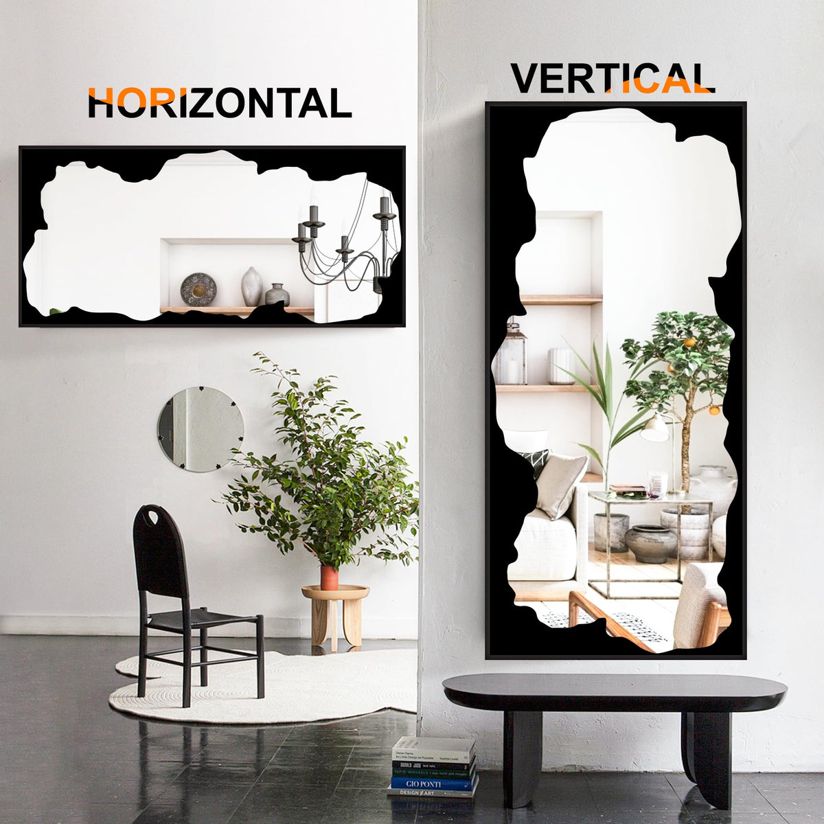 Black Full-Length Mirror, Free Standing Leaning Mirror with Artistic Abstract Overlay