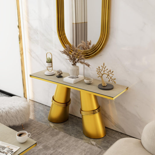 Gold Console Table, Tapered Barrel Base for Entryway