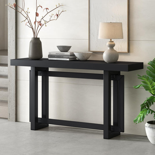 Black Contemporary Console Table, 59.1" W x 15.7" D x 31.7" H with Wood Top