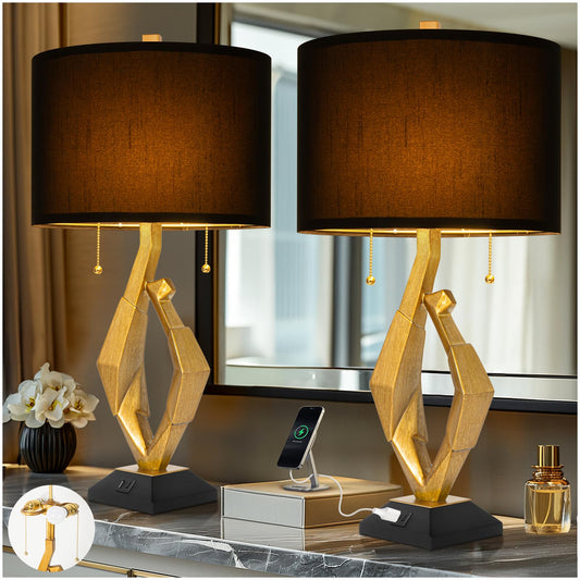 Black and Gold Table Lamp Set of 2 with USB Ports, Sculptural Luxury