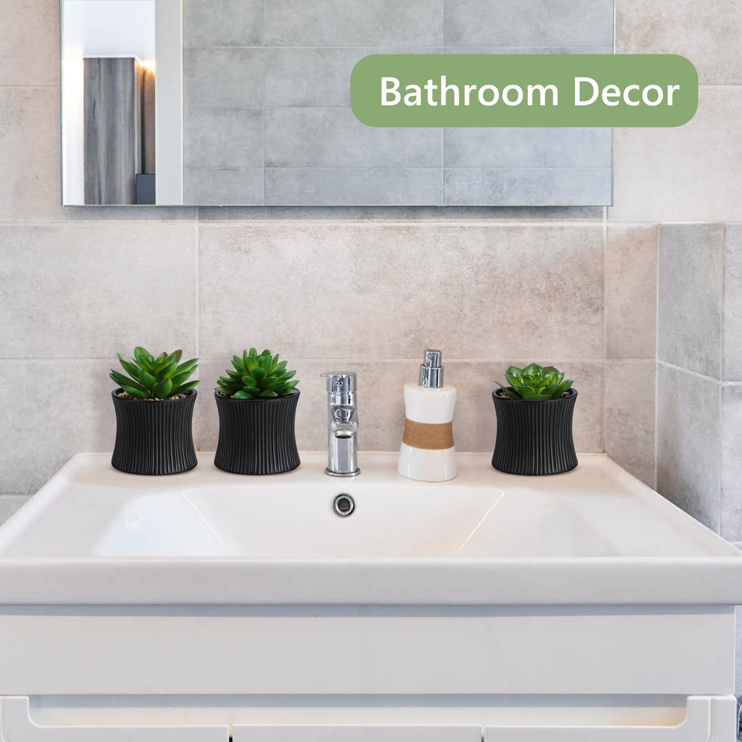 Black Pot, Green Artificial Succulents Plant Set