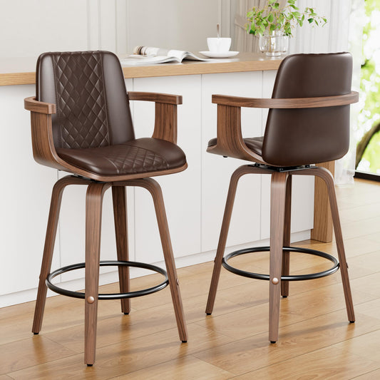 Brown Bar Stools Set of 2, PU Leather, Swivel 26" Counter Height