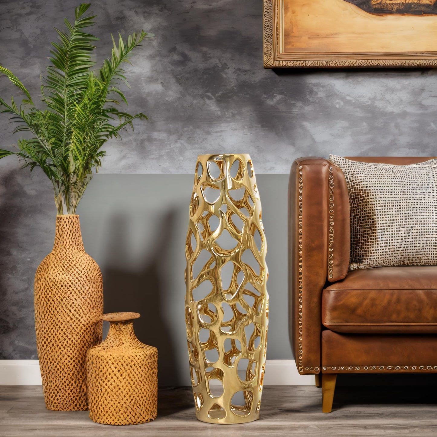 Gold Tall Floor Unique Hallow Vase