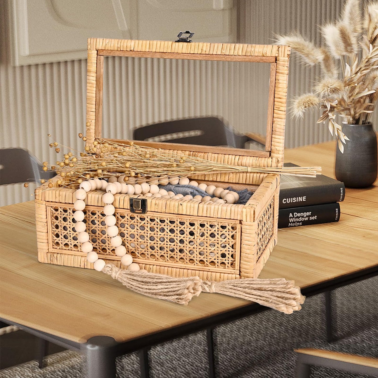 Tan Decorative Box Set with Lid, Rectangular Woven