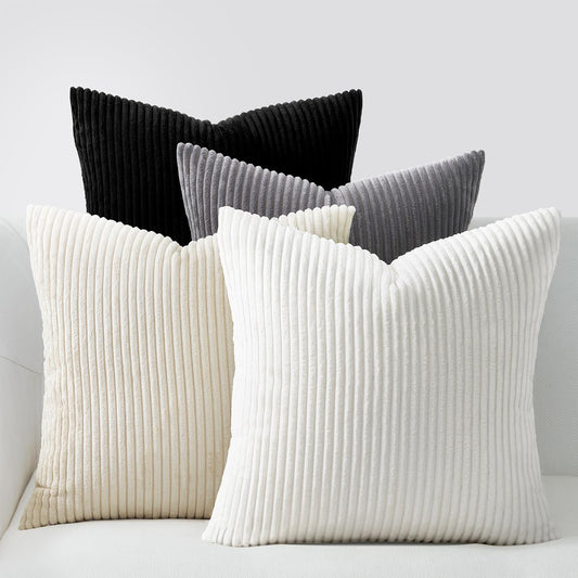Black and White Throw Pillow Covers, Set of 4, Soft Corduroy