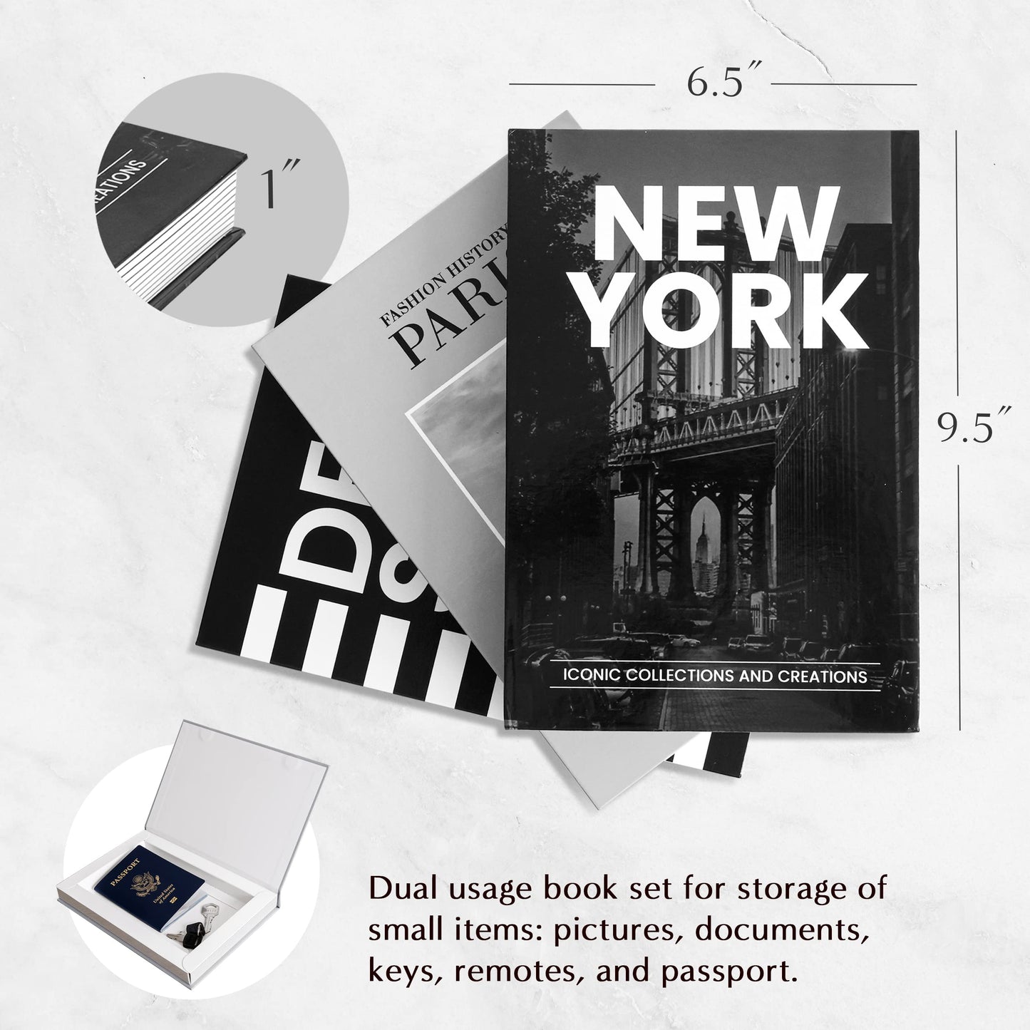 Black and White Fashion Books Decor Set of 3, Hardcover for Home