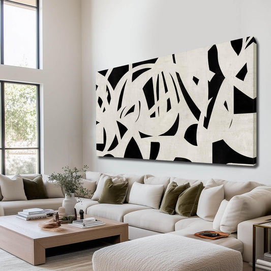 Black and Off-White Abstract, Canvas 29" x 58" Wall Art Decor