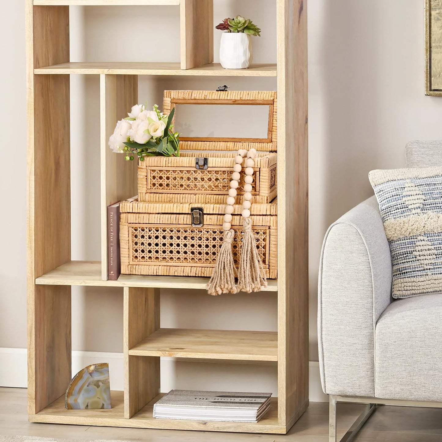 Tan Decorative Box Set with Lid, Rectangular Woven