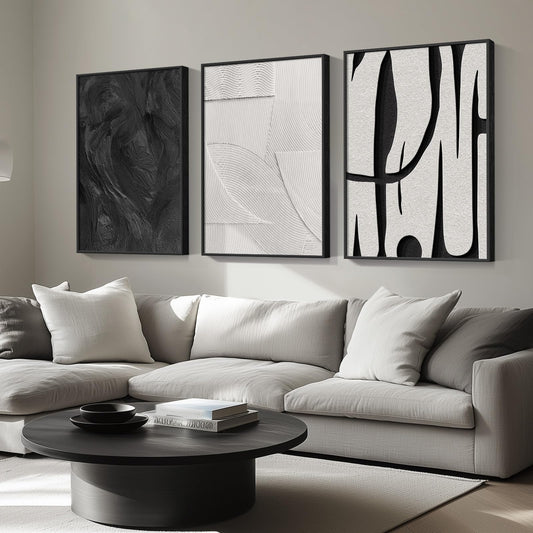 Black and White Framed Abstract 24"x36" Wall Art, 3 Piece Modern Canvas