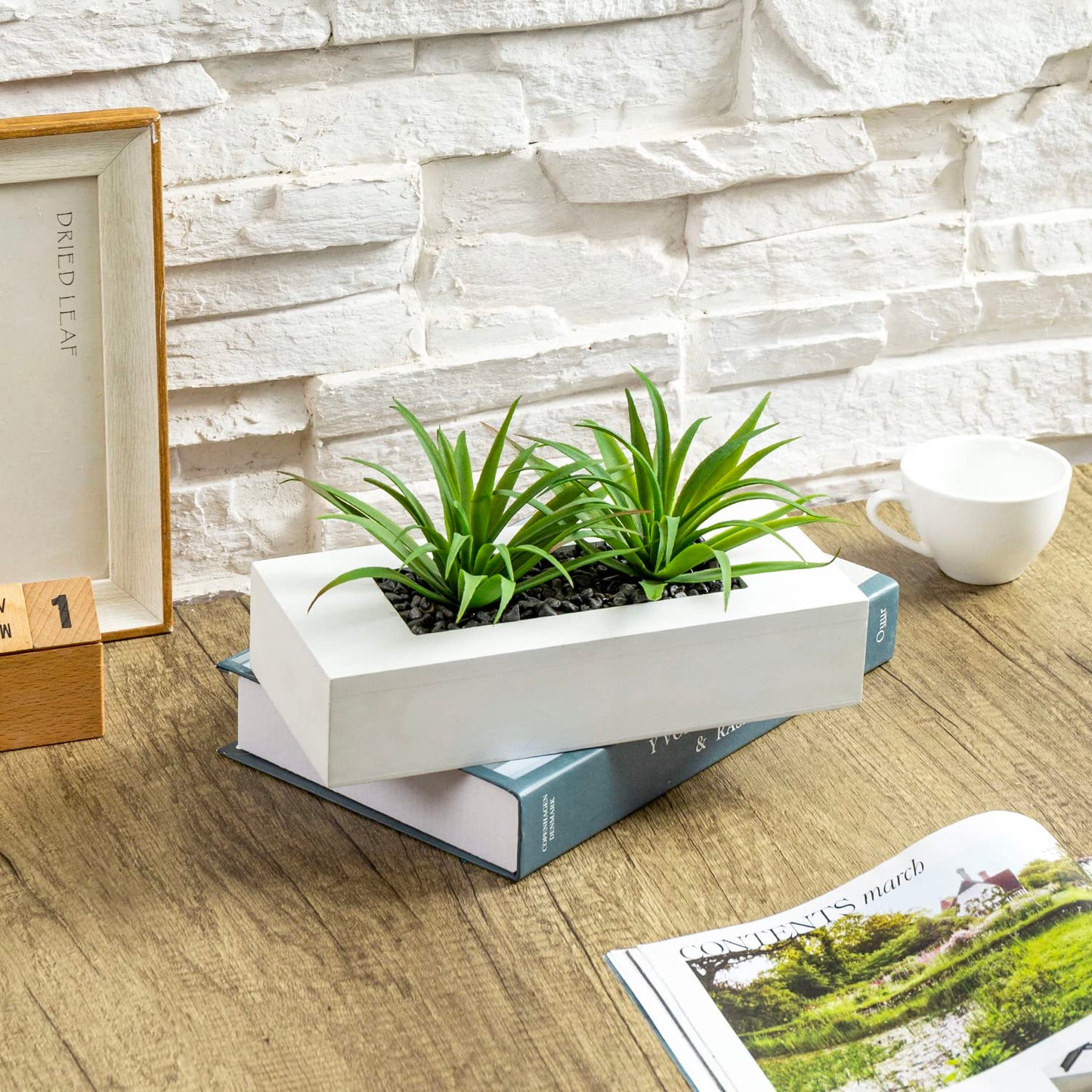 Artificial Faux Plants in White Rectangular Planter