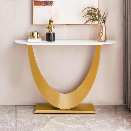 Gold Modern Console Table, 47'' Long Half Moon, Sintered Stone