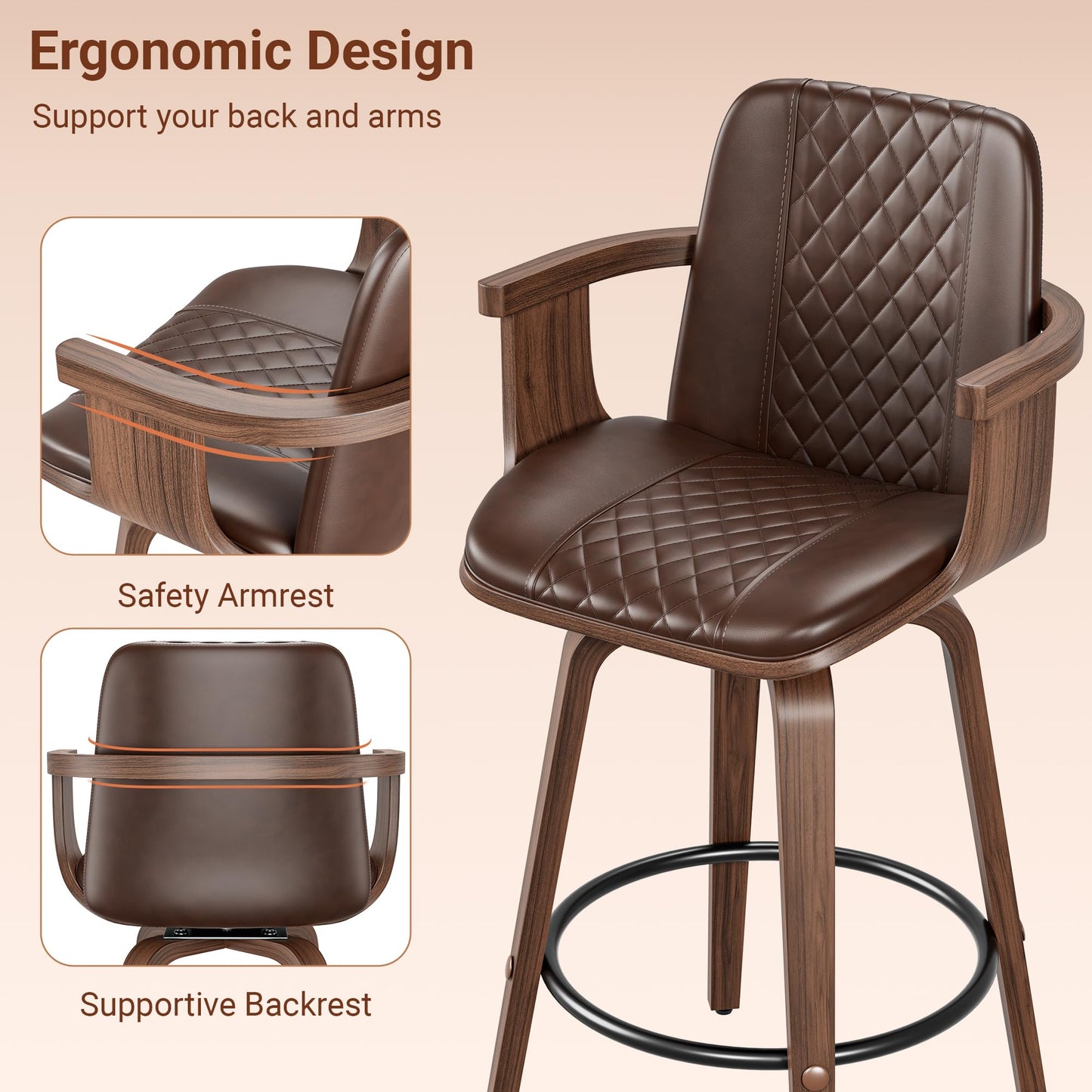Brown Bar Stools Set of 2, PU Leather, Swivel 26" Counter Height