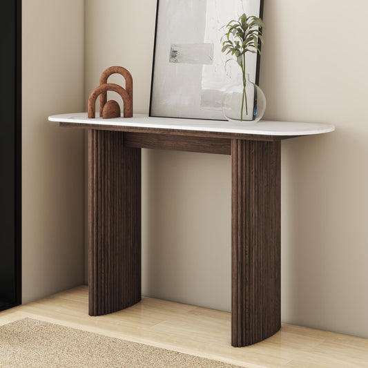 Walnut Brown Console Table with Marble Top, Fluted Solid Wood Base