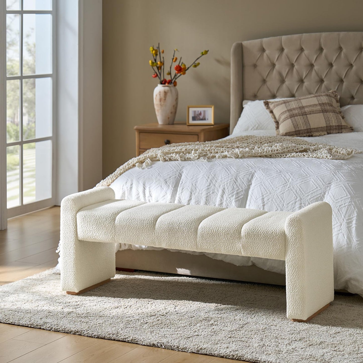 White Modern Bench for Entryway, 55" Seating