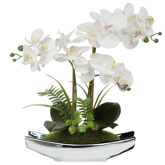 White Orchids Artificial Flowers with Silver Pot Décor