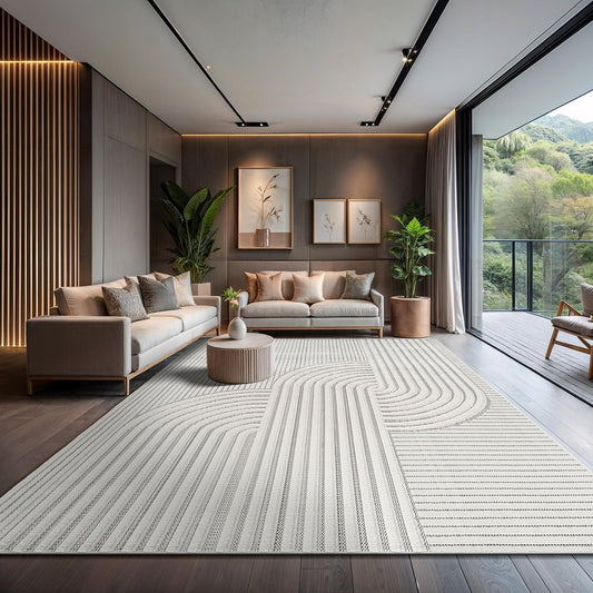 White Curved Design, Modern 10x14 Large Area Rug