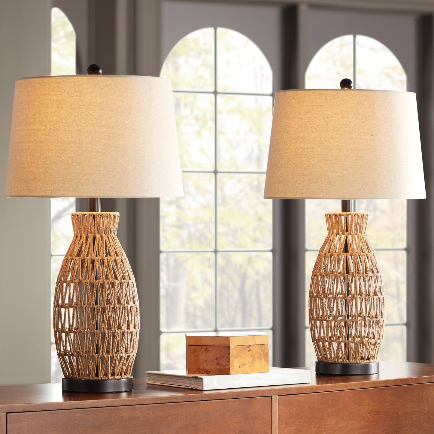 Brown - Oatmeal Wicker, Modern Table Lamps 27" Tall Set of 2