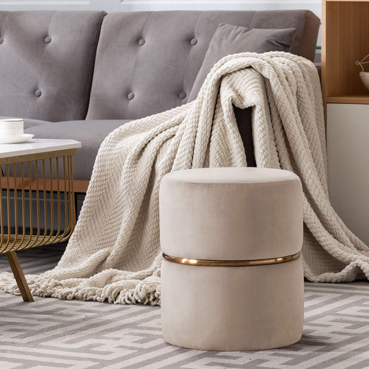 Beige Modern Round Velvet Ottoman Vanity Stool